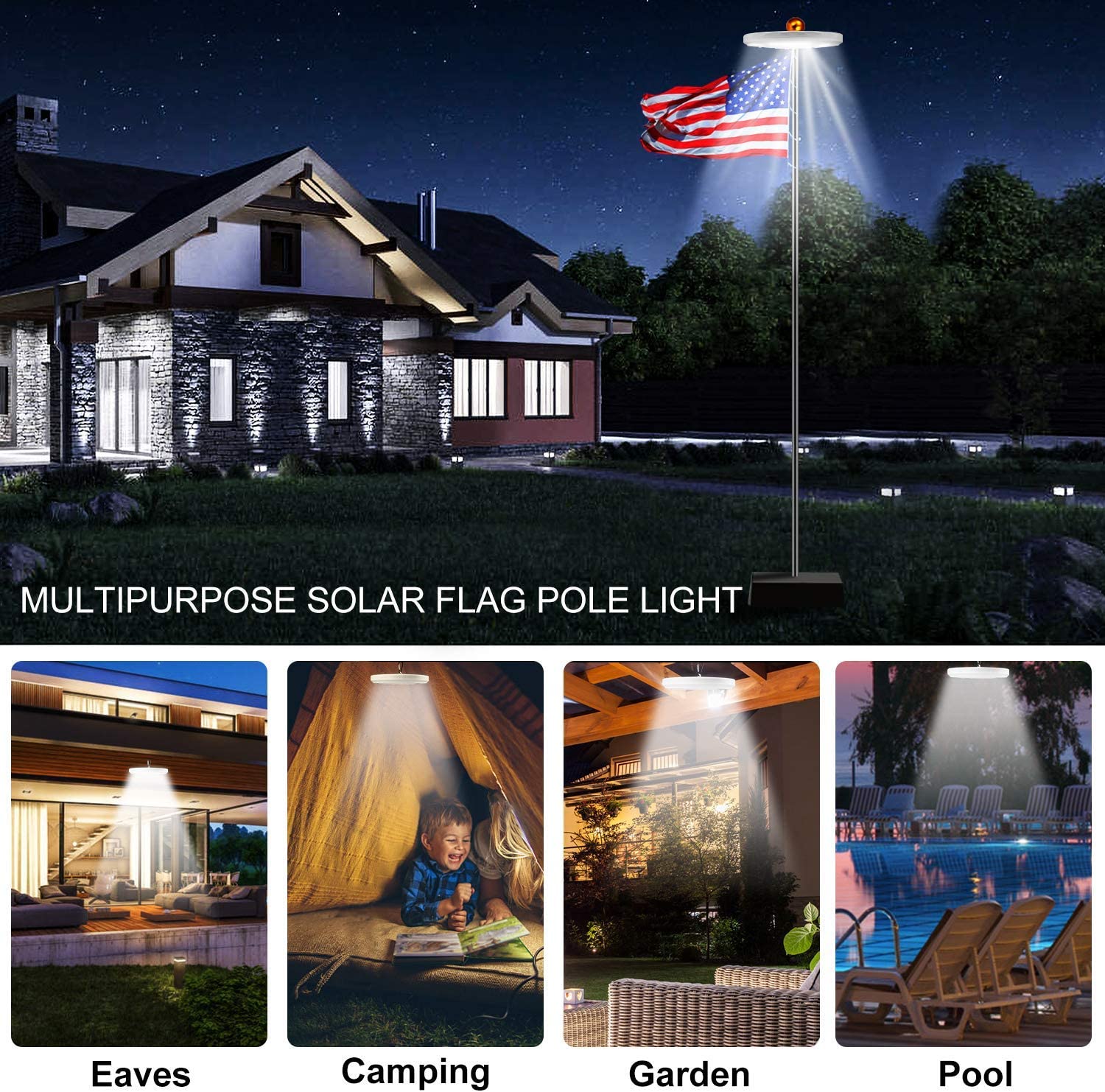 128 LED Solar Power Flag Pole Lights - #2024 Upgraded Design (125,000+ Hours)