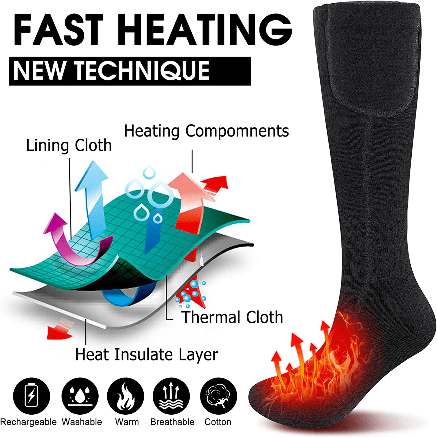 Rechargeable Heated Socks 10+ Hours Long Lasting Heat